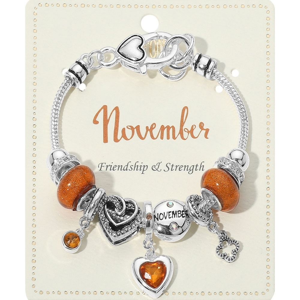 November - Birthstone Heart Charm Multi Beaded Bracelet Orange And Silver